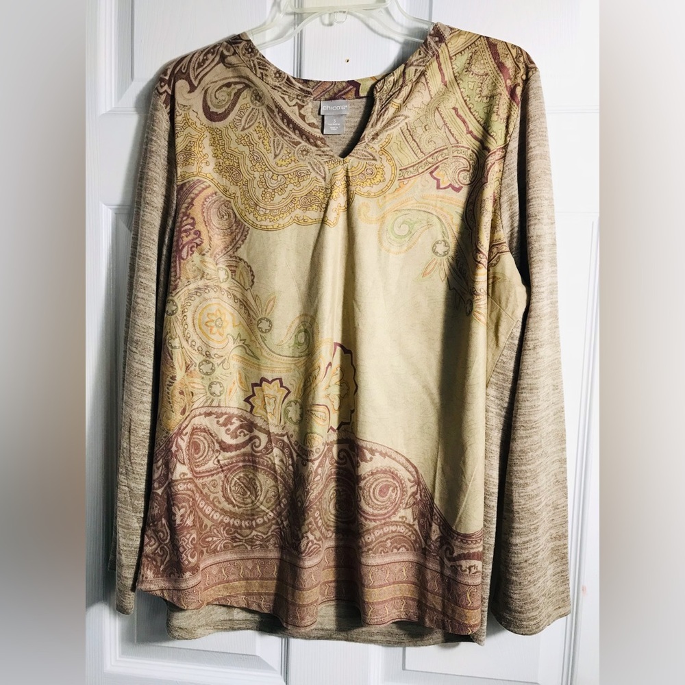 Chico's Paisley V-Neck Long Sleeve Sweater - Cream and Brown 3